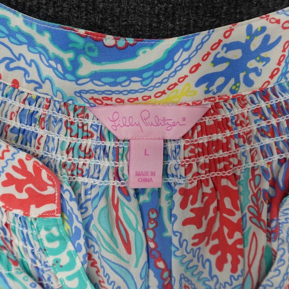 Lilly Pulitzer Blouse Coral Reef Silk Preppy Women Size L Blue - Picture 4 of 8